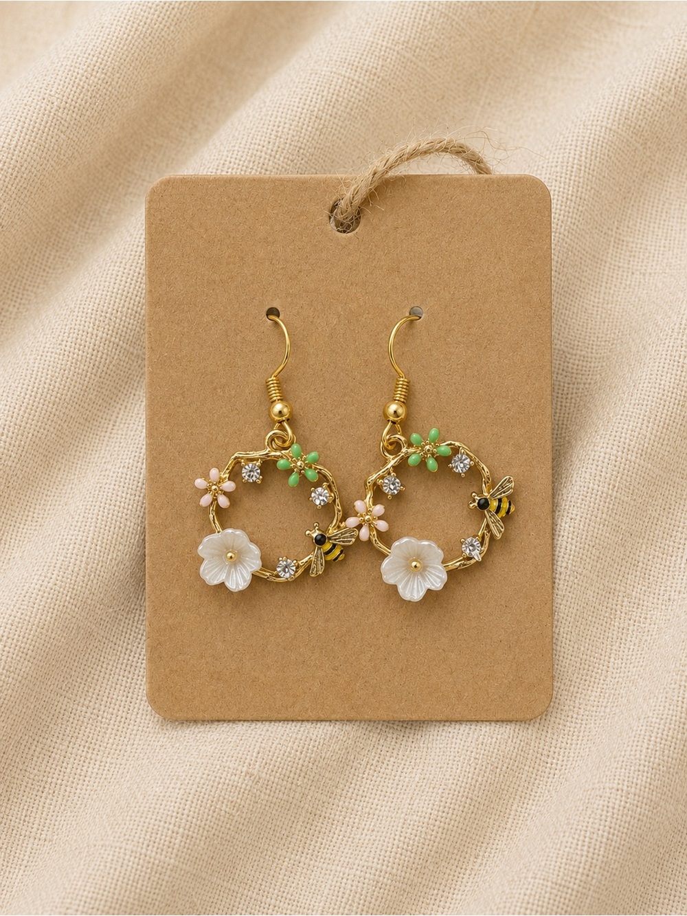 Gold-Tone Floral Bee Hoop Earrings with White, Green & Pink Accents